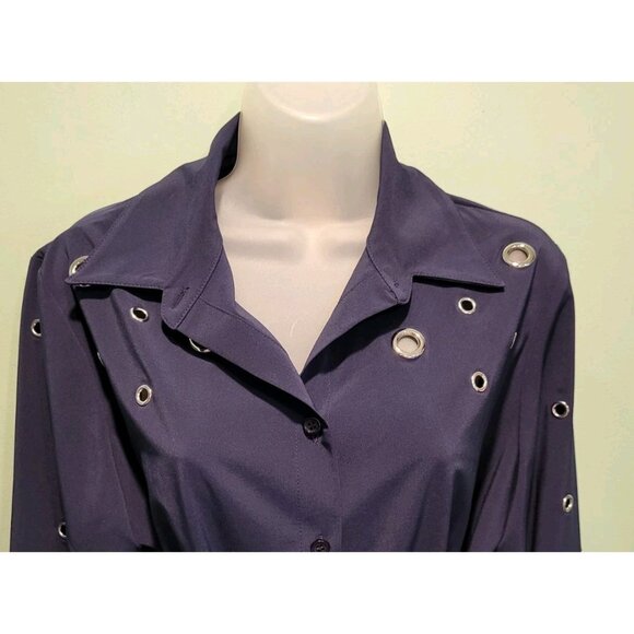 Joseph Ribkoff Navy Blue Grommet Long Sleeve Button Up Tie Waist Top Sz 8 - Picture 2 of 8